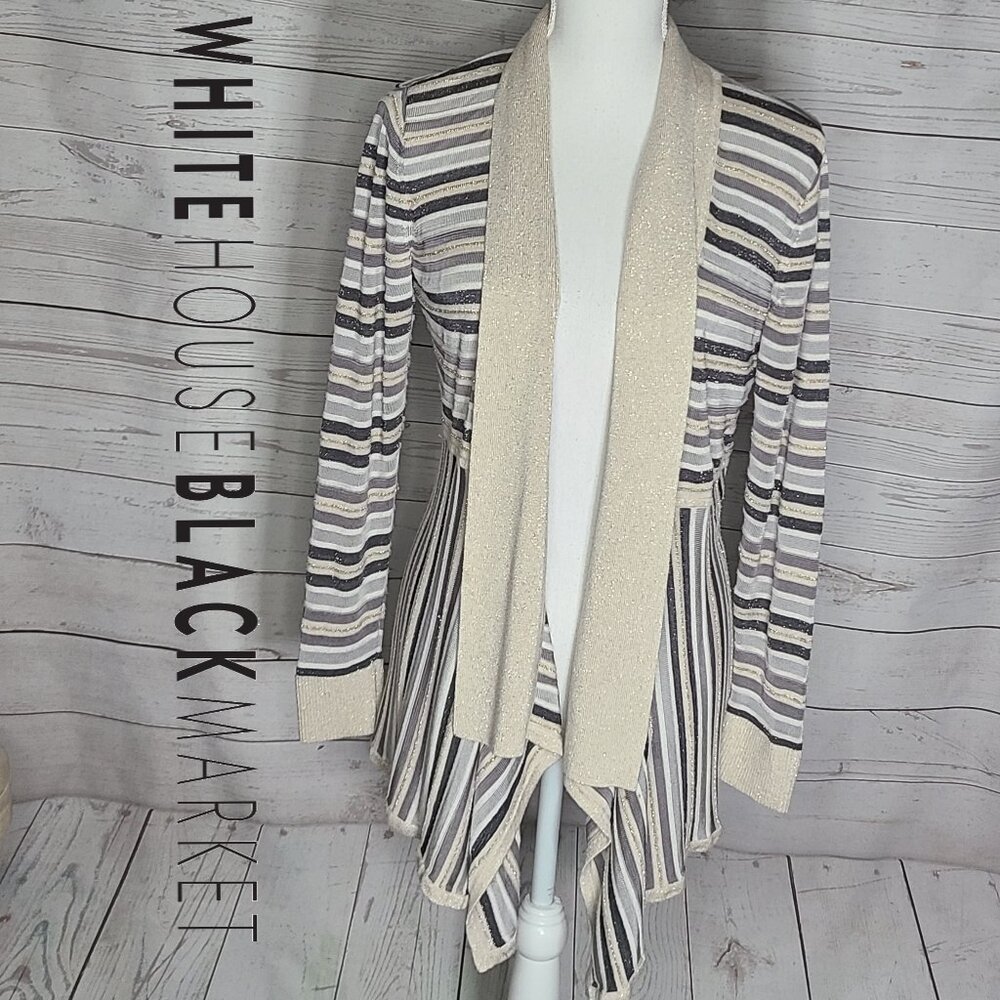 Whbm Grey & Gold Striped Open Front Cardigan - image 1
